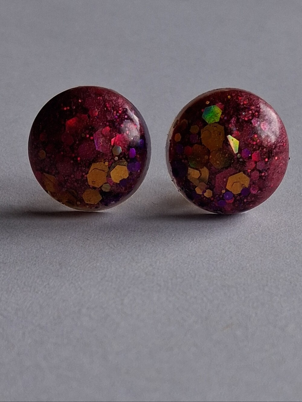 Hand Crafted Deep Burgundy Glitter Round Stud Earrings